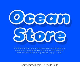 Anuncio vectorial Afiche Ocean Store. Fuente de pegatina azul. Letras y números alfabetos modernos