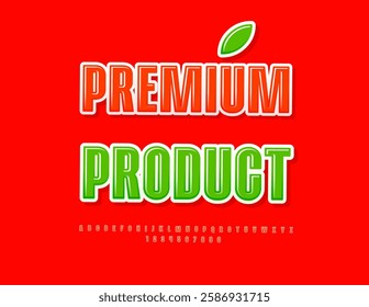 Vector Advertising poster Premium Product. Elegant Glossy Font. Modern Red Alphabet Letters and Numbers set.