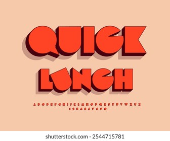 Cartaz publicitário vetorial em Quick Lunch. Fonte vermelha brilhante. Conjunto de letras e números do alfabeto de estilo abstrato.