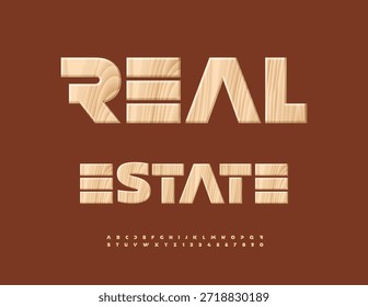 Vetor Publicidade cartaz imobiliário. Fonte do padrão natural. Conjunto moderno de letras e números de alfabeto de madeira