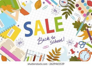 Vector advertising poster with school supplies design. Back to school sale banner. Web ad template, special offer, discount. Hand drawn illustration