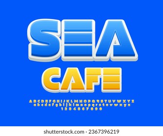 Vector advertising poster Sea Cafe. Sunny Yellow 3D Font. Modern set of Alphabet Letters and Numbers