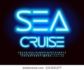 Vector advertising `poster Sea Cruise. Blue Neon Font. Trendy Glowing Alphabet Letters and Numbers set