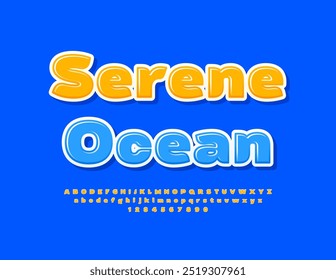 Vector advertising poster Serene Beach. Sunny Yellow Font. Cute Glossy Alphabet Letters and Numbers set.