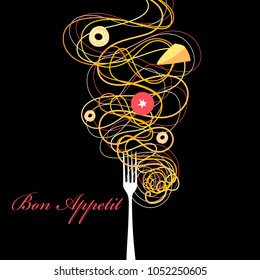 Vector advertising poster of a spaghetti with a fork on a dark background. Example for the restaurant menu.