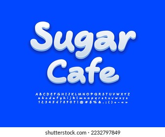 Vektorwerbung Poster Sugar Cafe.  Weißer handgeschriebener Schriftzug. Satz für kreative Alphabet-Buchstaben, -Zahlen und -Symbole