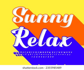 Vector advertising poster Sunny Relax. Handwritten Font with Big Shadow. Creative Alphabet Letters and Numbers set