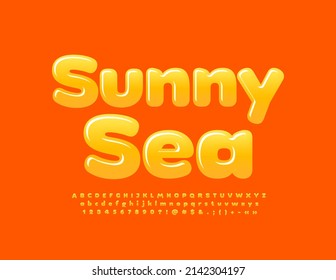 Vector advertising Poster Sunny Sea. Glossy Yellow Font. Artistic Alphabet Letters, Numbers and Symbols set