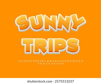 Vector Advertising poster Sunny Trips. Joyful Yellow Font. Sunny style Alphabet Letters and Numbers set
