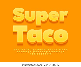 Afiche publicitario de vectores Super Taco con fuente amarilla 3D. Conjunto moderno de letras y números alfabetos