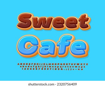 Vector advertising Poster Sweet Cafe. Choco glazed Font. Tasty Donut Alphabet Letters and Numbers