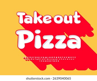 Vector Advertising poster Takeout Food. 3D Font with Big Red Shadow. Modern Alphabet Letters and Numbers set