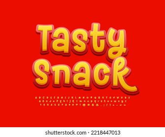 Afiche publicitario de vectores Tasty Snack. Fuente artística brillante. Divertido juego de letras y números manuscritos