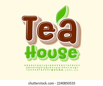 Vector advertising poster Tea House. Green handwritten 3D Font. Funny bright Alphabet Letters, Numbers and Symbols set. 