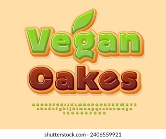 Vector advertising poster Vegan Cakes. Sweet Donut Font. Modern Alphabet Letters and Numbers set