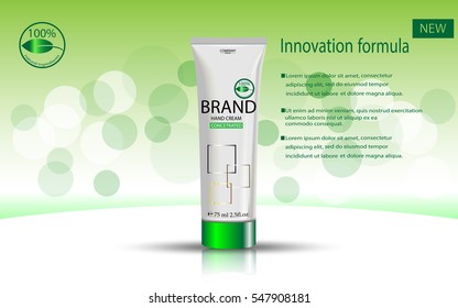 vector advertising presentation poster of luxury organic hand cream with bokeh effect backdrop. Natural cosmetics cosmetics advertisement banner for web, print. Realistic brand cosmetic tube package