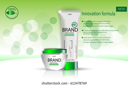 vector advertising presentation poster of luxury organic face and hand cream with bokeh effect backdrop. Natural cosmetics cosmetics advertisement banner for web, print. Realistic brand cosmetic tube