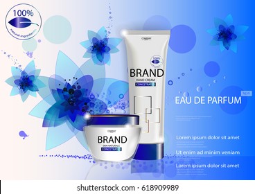 vector advertising presentation poster of luxury organic face and hand cream with flower and bokeh effect backdrop. Natural cosmetics advertisement banner for web, print. Realistic brand cosmetic tube