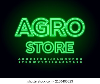Vector advertising sign Agro Store. Green Neon Font. Bright Glowing Alphabet Letters and Numbers set. 