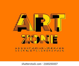 Vector advertising Sign Art Zone. Modern Bright Font. Avangard Alphabet Letters and Numbers set