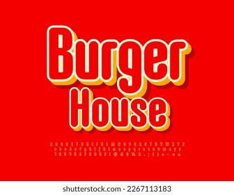 Vector advertising sign Burger House. Stylish Red 3D Font. Artistic Alphabet Letters, Numbers and Symbols set