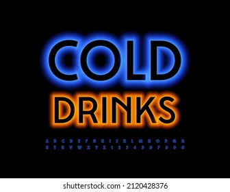 Vector advertising sign Cold Drinks. Elegant neon Font. Blue glowing Alphabet Letters and Numbers set