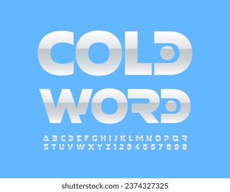 Vector advertising sign Cold World. Creative White Font. Glossy set of Alphabet Letters and Numbers