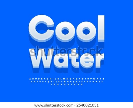 Vector advertising sign Cool Water.  Trendy 3D Font. Cute White Alphabet Letters and Numbers.