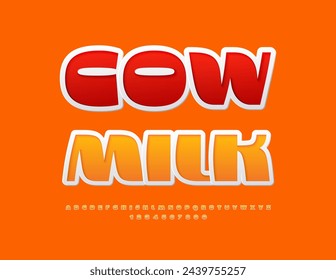 Vector advertising sign Cow Milk. Modern Bright Font. Creative Alphabet Letters and Numbers set.