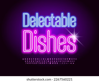 Vector advertising sign Delectable Dishes. Set of Illuminated Alphabet Letters, Numbers and Symbols. Purple Neon Font