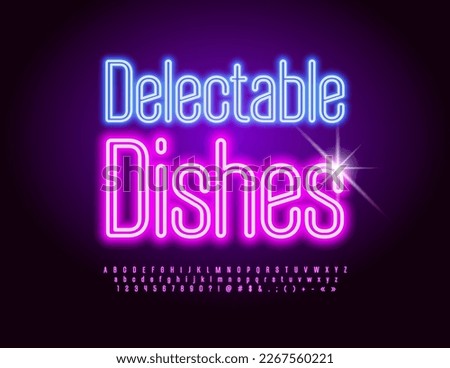 Vector advertising sign Delectable Dishes. Set of Illuminated Alphabet Letters, Numbers and Symbols. Purple Neon Font