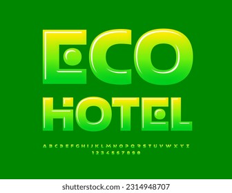 Vector advertising Sign Eco Hotel. Modern creative Font. Bright Glossy Alphabet Letters and Numbers