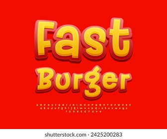Señal de publicidad vectorial Fast Burger. Conjunto de letras y números de alfabeto brillante. Fuente roja y amarilla creativa
