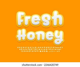 Vector advertising Sign Fresh Honey. White and Yellow creative Font. Funny Alphabet Letters and Numbers set