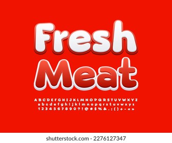 Vector advertising sign Fresh Meat with Red and White Font. Creative Alphabet Letters, Numbers and Symbols set