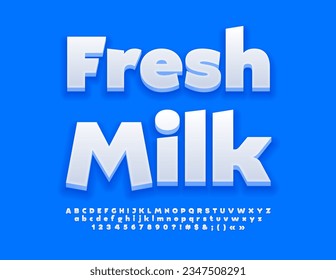 Señal de publicidad de vectores Fresh Milk. Fuente 3D moderna. Letras, números y símbolos de alfabeto blanco negrita