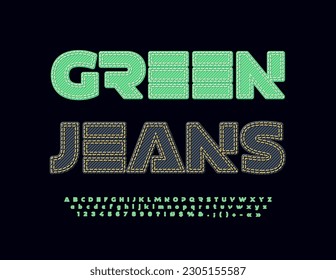 Vector advertising Sign Green Jeans. Denim Green Font. Trendy Bright Alphabet Letters and Numbers