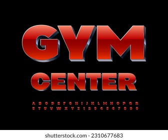 Vector advertising Sign Gym Center. Red and Metallic 3D Font. Trendy creative Alphabet Letters and Numbers set. 