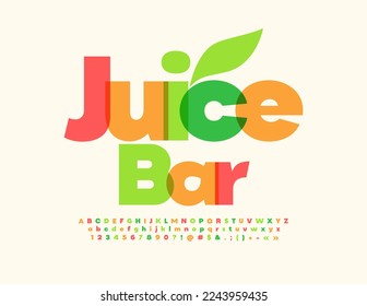 Vector advertising sign Juice Bar. Bright Watercolor Font. Creative Alphabet Letters and Numbers set.