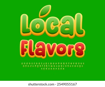 Signo publicitario de Vector Local Flavors con fuente escrita a mano. Conjunto de letras y números de alfabeto artístico brillante