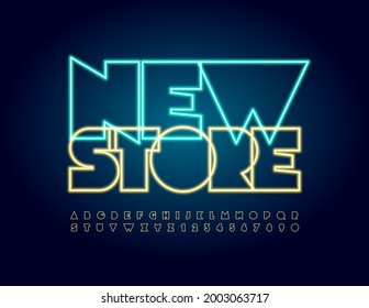 Vector advertising sign New Store. Abstract illuminated Font. Neon Alphabet Letters and Numbers set