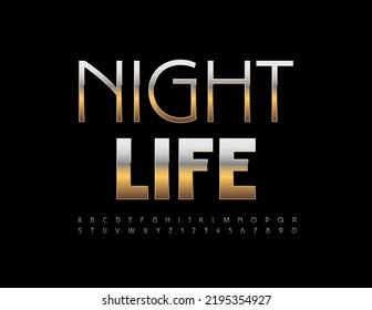 Vector advertising sign Night Life. Golden Slim Font. Artistic Alphabet Letters and Numbers