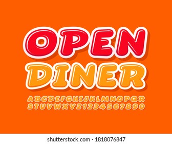 Señal de publicidad de vectores Open Diner. Fuente Amarilla brillante. Juego de letras y números de alfabeto creativo