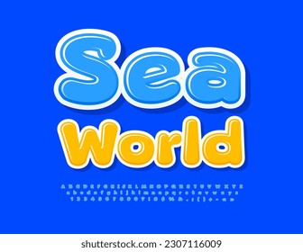 Vector advertising sign Sea World. Blue glossy Font for Kids. Bright Alphabet Letters and Numbers set
