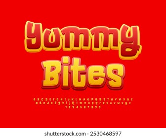 Sinal publicitário vetor Yummy Bites para Mercado, Loja e Café. Fonte engraçada amarela e vermelha. Letras e Números Alfabéticos Brilhantes definidos.