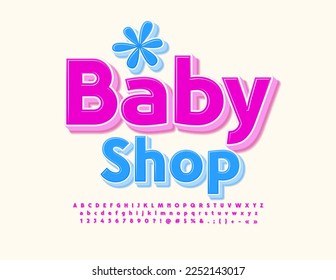 Cartel de publicidad de vectores Baby Shop. Fuente 3D rosa. Letras y números alfabéticos artísticos