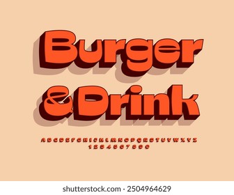 Vector advertising signboard Burger and Drink with trendy style Font. 3D creative set of Alphabet Letters and Numbers