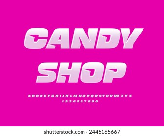 Cartel publicitario de Vector Candy Shop. Fuente Sweet White. Letras y números únicos de alfabeto brillante.