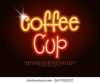 Vector Advertising signboard Coffee Cup for Cafe. Funny Led Light Font. Bright Neon Alphabet Letters and Numbers set.