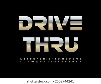 Vector advertising signboard Drive Thru. Futuristic style Font. Silver Alphabet Letters and Numbers set.